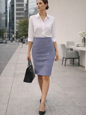 Isabella DeMarco T Tahari Blue Houndstooth Pencil Skirt Size 10 Office Chic